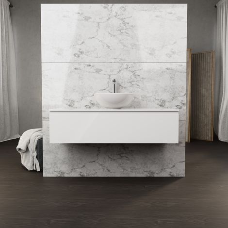 Inda - Badezimmerschrank B.120 mit Aufsatzwaschbecken / Hochglanzweiß 1 Schublade - Rubin