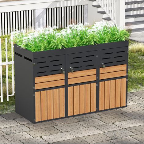 Armadio da esterno 199x80x128 cm, con fioriera integrata e ventilazione a lamelle, 3 scomparti, lamiera grigia (1/5)