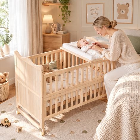 JOOKGBD-Lit Bébé Évolutif 3 en 1 en Pin Laqué Écologique 60x120cm,Table à Langer Pliante, Sommier à 3 Hauteurs Réglables, Garde-corps Surélevés, Roues Verrouillables, Têtes de Lit Ondulées (1/5)