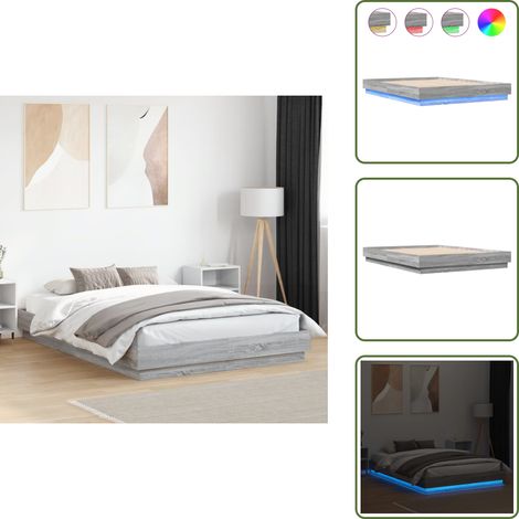 Bettgestell mit LED Grau Sonoma-Eiche 140x200 cm - Bettstellengestell - Holzbettfundament - LED Beleuchtung - Nachttischlampe - Schlafzimmer Dekoration (1/5)