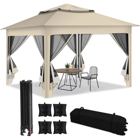 Jiubiaz Faltpavillon Pop-up 3,3×3,3 m Gartenpavillon Pavillon mit Moskitonetz & UV-Schutz – Schnellaufbau Sonnenschutz Pavillon mit doppelt belüftetem Dach, inkl. Tragetasche & Sandsäcke, Beige