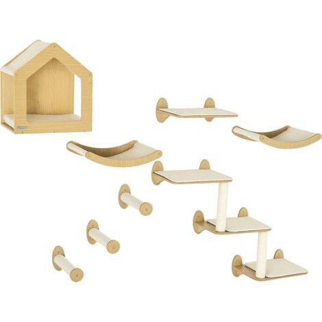 PawHut Cat Wall Furniture Condo Perches Scratch Posts Steps 8 Piece Beige (1/5)