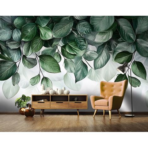Vlies Fototapete Blätter 350x250 cm, Tapeten, für Wohn und Schlafzimmer, Vliestapete Wandtapete Tapete 3D Effekt- inkl. Kleister - Tropisch Botanisch Natur grün weiß, WallArena (1/4)