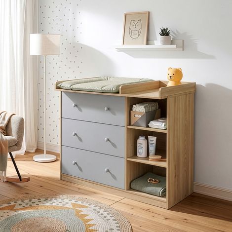 Cassettiera Beldinupp con Piano Fasciatoio Rimovibile 93 x 110 x 55 cm - Effetto Rovere / Grigio [en.casa] (1/5)