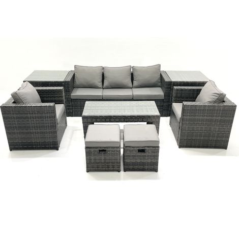 Fimous Rattan Garden Furniture Set Outdoor Lounger Sofa with Coffee Table 2 Armchair 2 Small Footstools 2 Side Tables Dark Grey Mixed (1/5)