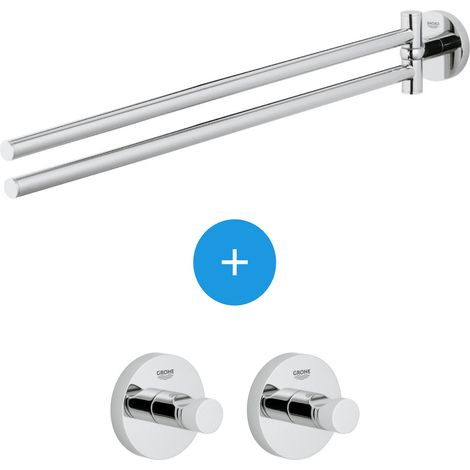 Essentials Lot de 2 patères murales fixation invisible + Double barre porte-serviettes métal (40364001 + 40371001)