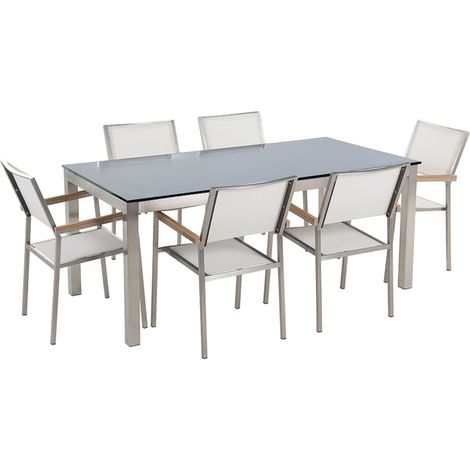 Set da Giardino Tavolo Piano in Vetro Nero e 6 Sedie Bianche 180 x 90 cm Grosseto (1/5)