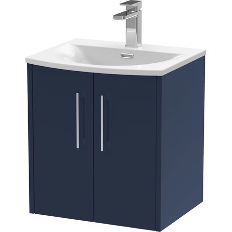 Winshill Contemporary 2 Door Wall Hung Vanity Unit with Curved Basin, Dark Blue, 500mm