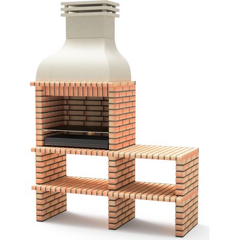MOVELAR - Barbacoa de Obra Prefabricada para Leña y Carbón Modelo BENHADDOU PLUS con CABALLETE LATERAL COMPLETO y con Parrilla (Naranja/Beige - 178 x 70 x 262 cm) REF: M01031 - Uso en Exteriores