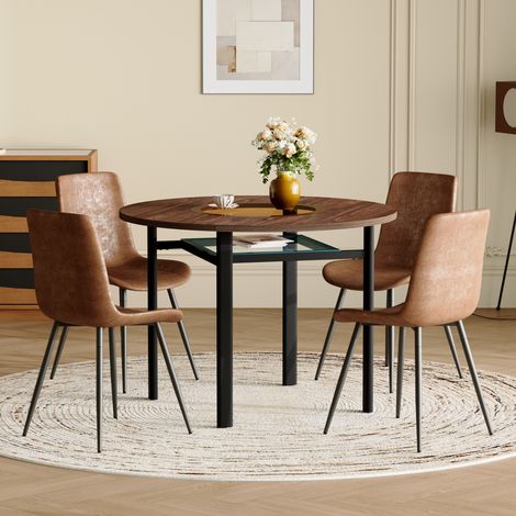 Table ronde design moderne avec rangement intégré, lot de 4 fauteuils marron en tissu technique, plateau circulaire 100 cm effet bois brun, idéal pour séjour ou salle à manger. (1/5)