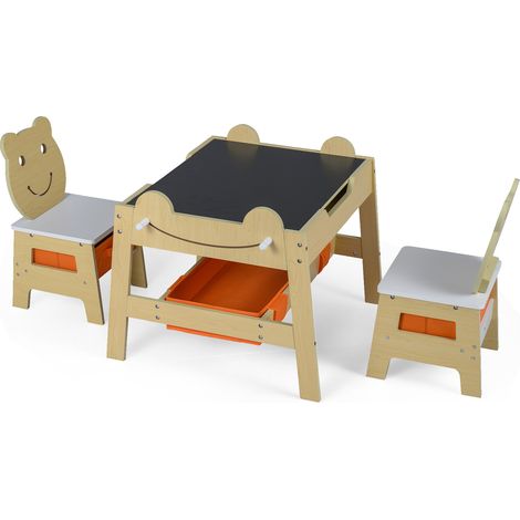 Table et 2 chaises pour tout-petits 5 en 1, set de bureau d'art mignon avec tableau noir/blanc réversible - naturel