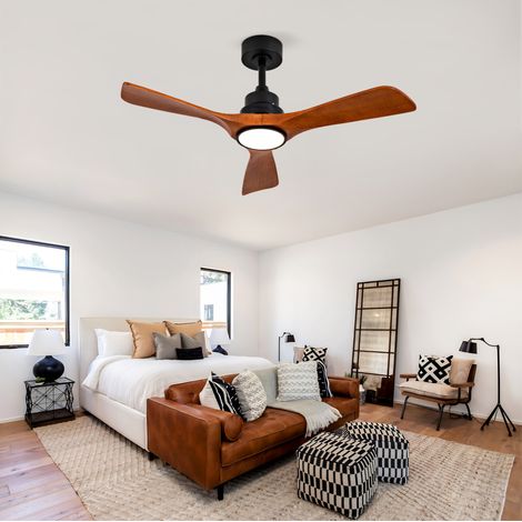 Ventilador de techo silencioso de 107 cm con luz LED, control remoto y control de pared, 6 velocidades, negro. (1/5)