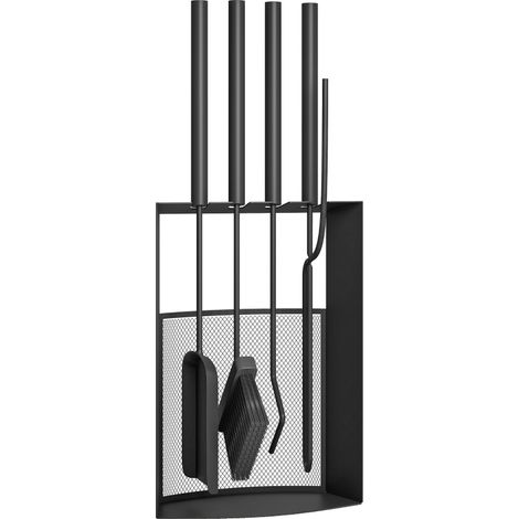 Kaminbesteck Set 5teilig Kaminzubehör mit Besen, Schaufel, Schürhaken Zange Ständer Metall, Schwarz