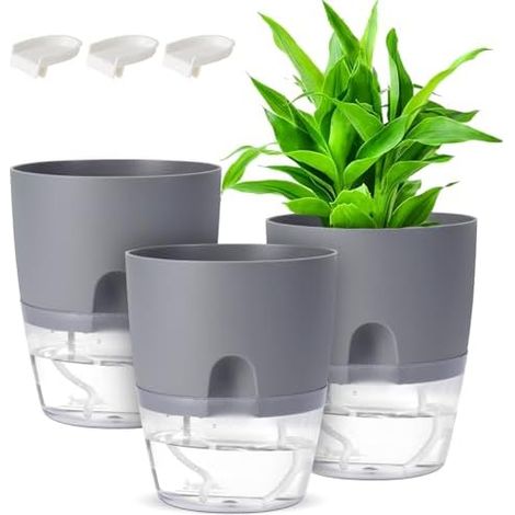 GuKKK 3 Packs Blumentopf Selbstbewässernd Kräutertopf Küche Set, 15.3cm Pflanzentopf mit Bewässerungssystem, Übertopf mit Untersetzer, Blumentöpfe Set Ideal für Innen und Balkongärten (Grau)