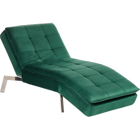 Chaise longue de terciopelo verde esmeralda plateado respaldo reclinable capitoné Loiret