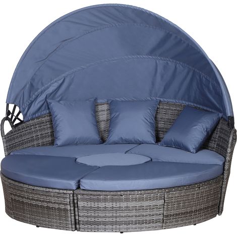 Outsunny Outdoor PE Rattan Garden Furniture with Cushioned, Patio Wicker Conversation Furniture Set, Round Daybed with Retractable Canopy, Coffee Table and Three Pillows, Grey/Blue Grey