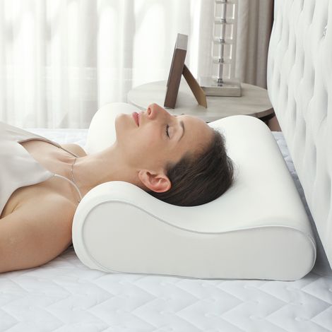 Oreiller cervical et pour le cou en mousse viscoélastique, de conception ergonomique et à double hauteur, pour dormir sur le côté et sur le dos.