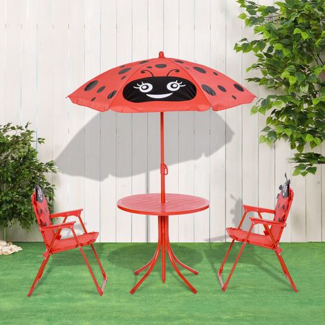Gartentisch-Set mit 2 Klappstühlen, Outdoor-Tisch und Stühle mit Sonnenschirm für Kinder aus Metall und Polyester, Rot
