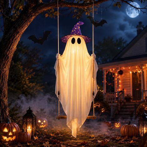 Fantôme Halloween Suspendu Lumineux 1,5 m, Décoration Extérieure avec Lumières LED, Chauve-Souris et Chapeau, pour Jardin, Terrasse, Arbre et Cour (1/5)