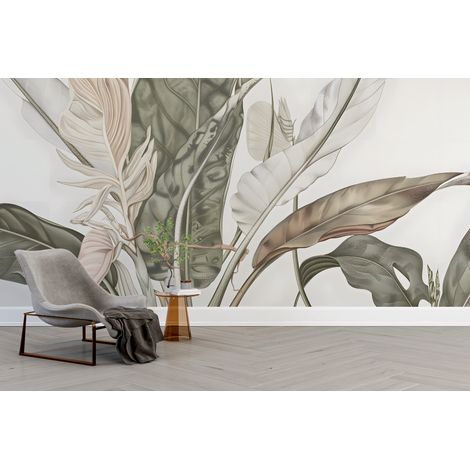 Papier peint nature - grands feuillages tropicaux sépia - 150 x 250 cm (1/2)