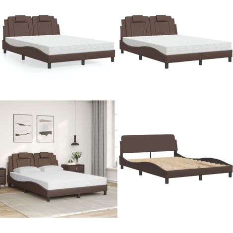 Lit avec matelas marron 140x190 cm similicuir - Lit Double - Lit Confortable - Lit Design - Cadre Lit Simili Cuir - Matelas Mousse - Home & Living (1/5)