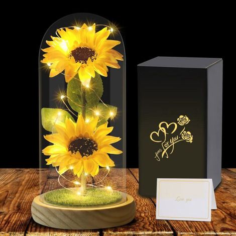 1 Tournesol artificiel, Dôme en verre, Éclairage LED, Décoration intérieur, Cadeau anniversaire (1/5)