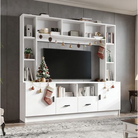 Mueble TV mural 180 x 35 x 170 cm con 2 armarios, 2 cajones y 11 compartimentos, blanco HAVRYA (1/5)