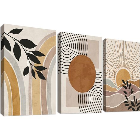 3Pcs Cadre en Bois Impression sur Toile Boho Milieu du Siècle Tableau Image sur Toile Bohème Plantes Désert Soleil Peinture Tableau Decoration Murale Salon Chambre Salle de Bain 50x70cmx3pcs (1/5)