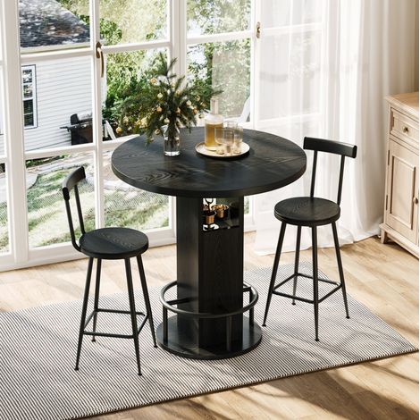 Conjunto de mesa alta redonda de 80 cm con 2 taburetes, 3 piezas, aglomerado y acero, negro (1/5)
