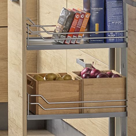 Kesseböhmer DISPENSA junior III Apothekerauszug silbergrau inkl. Tablare mit silbergrauer Reling und grauem Holzboden für Korpusbreite 300 mm