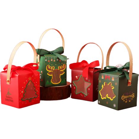 Lot de 12 boîtes cadeaux de Noël avec poignées en ruban et fenêtre transparente, emballage festif pour friandises, pâtisseries et cadeaux, rouge et vert de Noël (1/5)