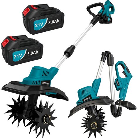 Motobineuse Électrique sans Fil 500W, Motoculteur Batterie, Moteur Brushless, 2 Batteries 3.0Ah, Largeur 22cm, Profondeur 17cm, 4 Lames Acier, Poignée Ajustable, Double Sécurité