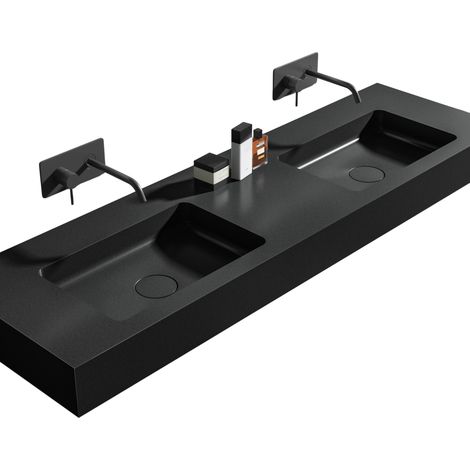 BERNSTEIN - Doppio lavabo sospeso in fusione minerale con scarico - 165x45x12cm - BA8016 - Quarzo nero, Con console	Quarzo nero, Telaio base 163S pensile