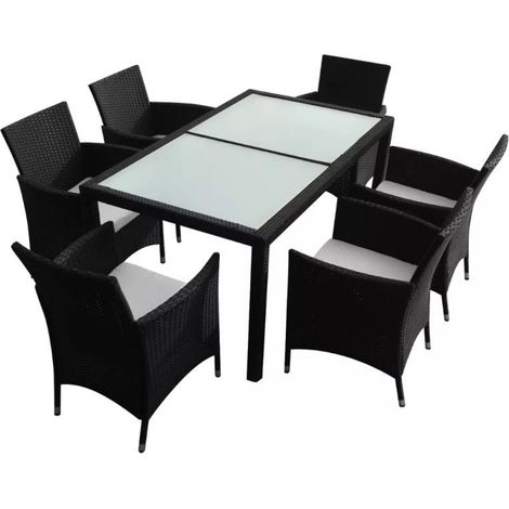 Table rectangulaire et 6 chaises de jardin résine tressée noir Mik (1/5)