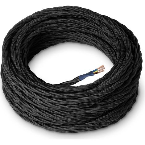 Amarcords - Cavo elettrico tessile colore NERO, trecciato, seta, 5 metri, con messa a terra 3x0,75mm - Filo rivestito in tessuto colorato vintage per lampade lampadari applique e abat jour. (1/5)