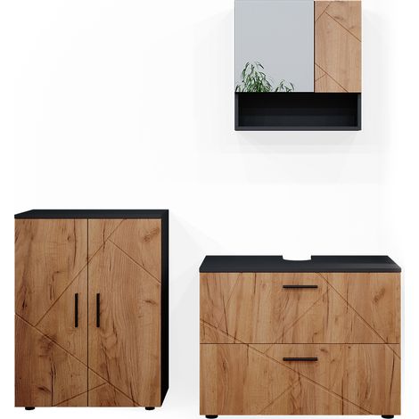 Set mobili bagno Irma, Rovere dorato/antracite, 3 pezzi, con base 80 cm, Vicco