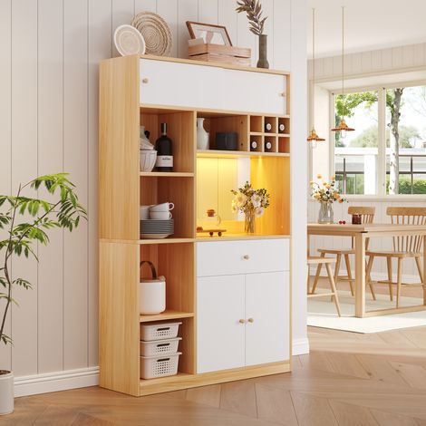 Meuble de cuisine, buffet avec éclairage LED, meuble multifonctions, avec un tiroir, trois portes et des étagères pour ranger les couverts, grand espace pour un micro-ondes. L 115 × P 35 × H 180 cm (1/5)