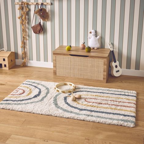 Tapis enfant arc-en-ciel. tapis intérieur crème et multicolore. poils longs shaggy  80 x 150 cm