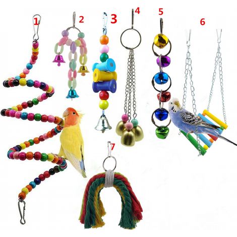 Jouets pour perroquets - Lot de 7 jouets à mâcher pour cage - Accessoires parfaits pour les perruches, petits perroquets, conures, aras, étourneaux et moineaux