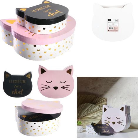 Set de 2 boites de rangement en forme de chat - Rose et noir - L 25 x l 23 cm x H 23 cm - Livraison gratuite (1/5)