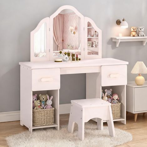 Coiffeuse pour fille en MDF et acrylique avec miroir triple rose (1/5)