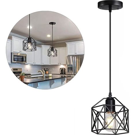Lustre Style Industriel Carré - Métallique Moderne - Plafonnier Cage Sans Ampoule Suspendu - Pour Table Îlot 150cm - Dining /Wrought Iron, Réglable - E27 (1/5)