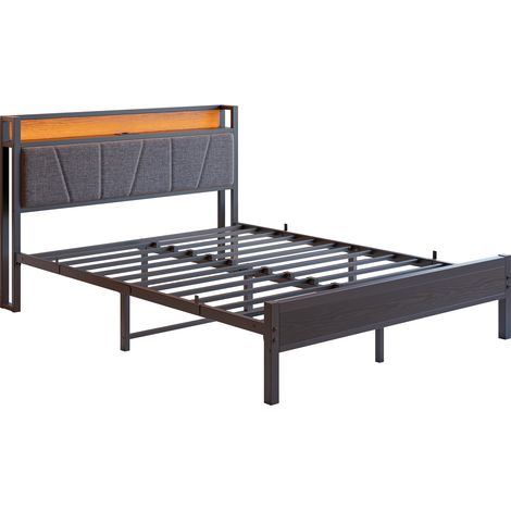 Struttura letto 140x200 cm in metallo nero con LED, USB e testiera con ripiano (1/5)