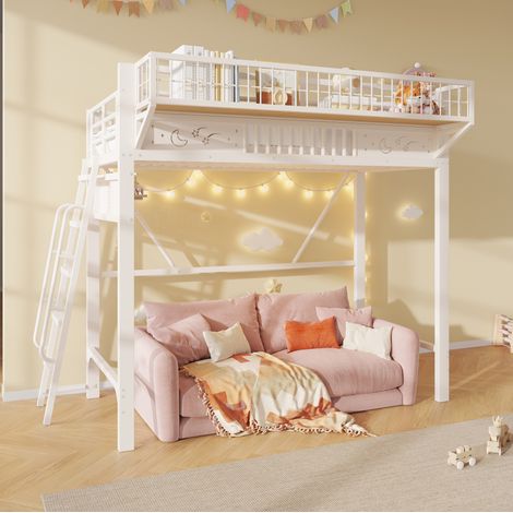 Weies Metall-Hochbett 90 x 200 cm mit Regalen und offenem Unterraum ohne Matratze (1/5)