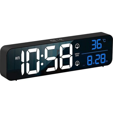 Horloge de table ou murale avec écran LED HD, multifonction, date, jour, heure et température affichées simultanément, 26 cm, Noir (1/5)