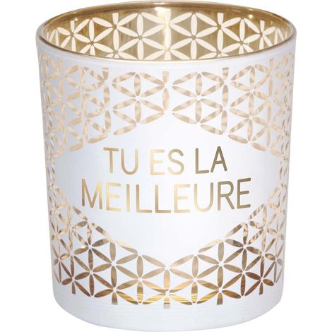 Porte Bougie Photophore Verre à Offrir en Cadeau à Vos Proches Support Bougie en Verre Blanc Et Doré H8 x L7,5 cm Message tu ES la Meilleure (1/5)