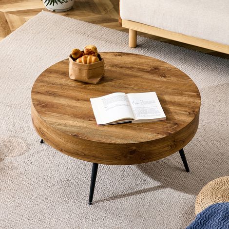 Tavolino rotondo con diametro di 70 cm in legno (MDF) e gambe in metallo nere. Design minimalista, ideale per soggiorni e spazi piccoli. (1/5)
