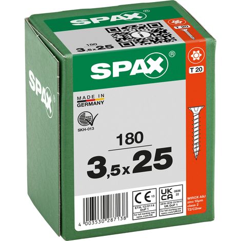 SPAX Vis universelle, 3,5 x 25 mm, 180 pièces, filetage complet, tête fraisée, T-STAR plus T20, 4CUT, WIROX - 8000000287138