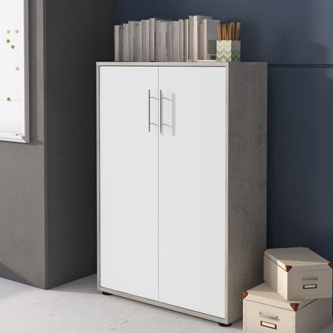 Armadio Multiuso 2 Ante Parabita, Cassetti, 4 Ripiani, 2 Ante, 79x118h cm Grigio Cemento (1/4)