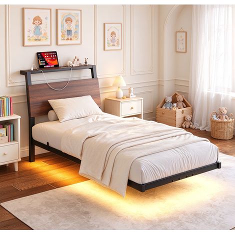 Lit 1 place 90x190 cm,cadre de lit sans matelas,Sommier pour lit simple,avec éclairage LED et station de recharge, noyer clair (1/5)
